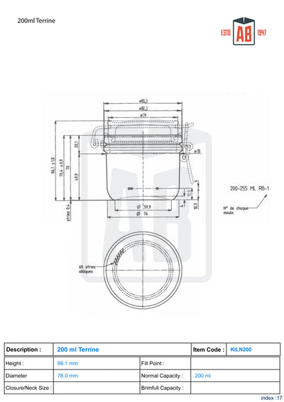 Tarro de cristal con clip para horno de 200 ml para terrina