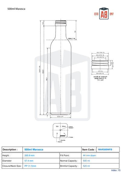 Botella de vidrio blanco Flint de 500 ml para aceite de oliva Marasca (cuello de rosca)