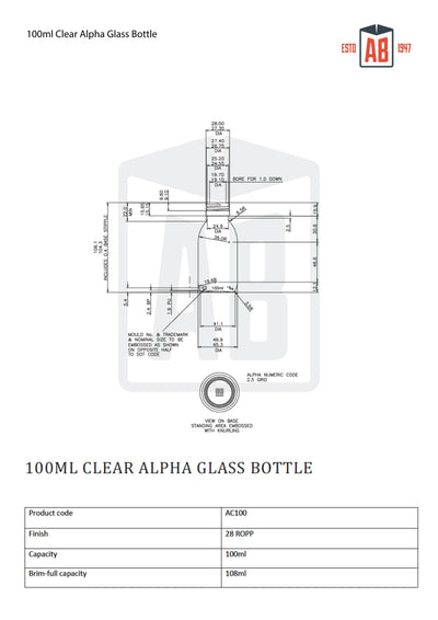 Botella de vidrio transparente Alpha de 100 ml