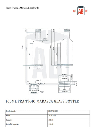 Botella de vidrio de 100 ml para aceite de marasca Frantoio (cuello de rosca)
