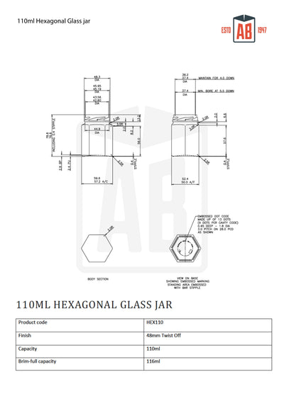 Tarro de cristal hexagonal de 110 ml