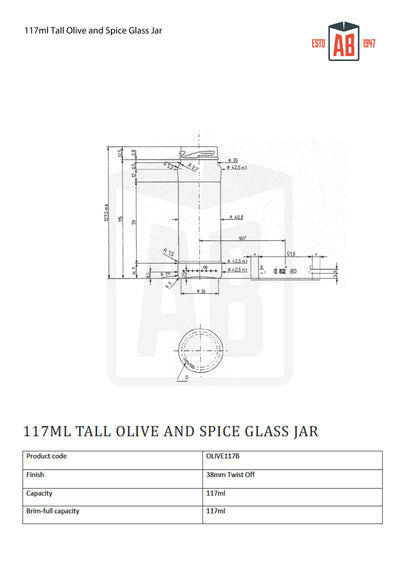 Tarro alto de cristal para especias y aceitunas de 117 ml