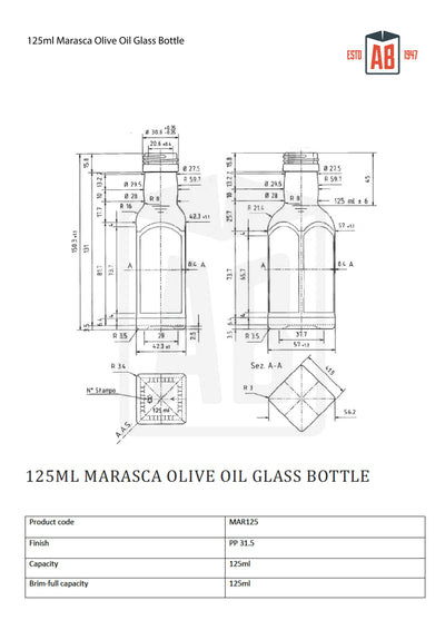 Botella de vidrio de 125 ml para aceite de oliva Marasca (cuello de rosca)