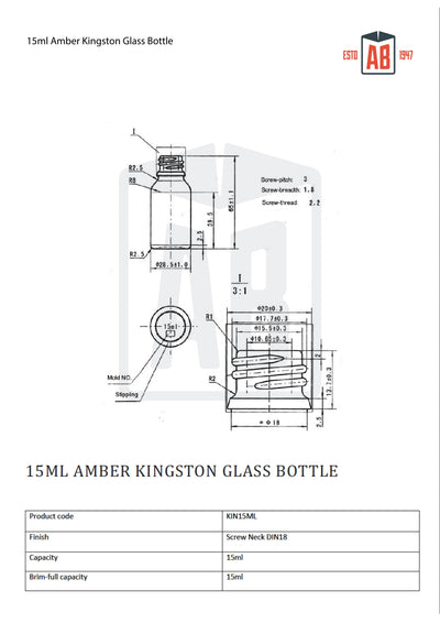 Botella Kingston de vidrio ámbar de 15 ml
