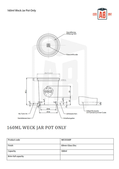 Frasco Weck de vidrio de 160 ml (solo el recipiente)