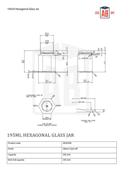 Tarro de cristal hexagonal de 195 ml