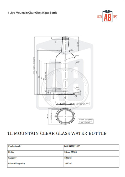Botella de cristal transparente de montaña de 1 l