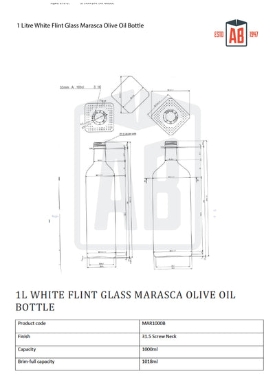Botella de aceite de oliva de vidrio marasca de pedernal blanco de 1 litro (cuello de rosca)