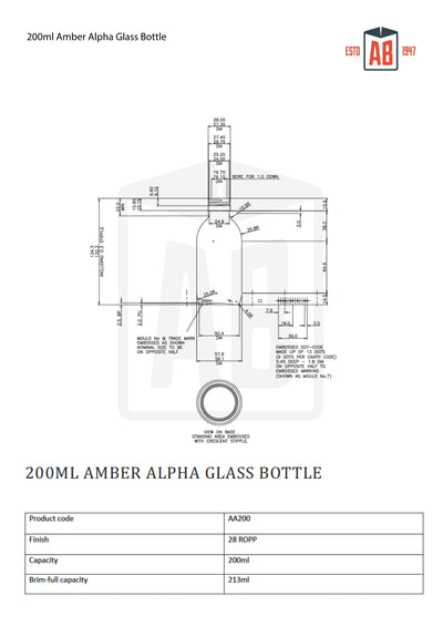 Botella de vidrio Alpha color ámbar de 200 ml
