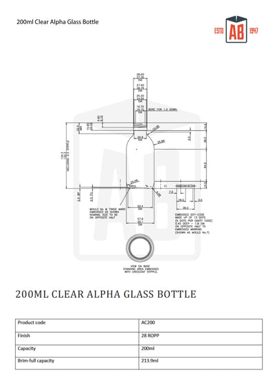 Botella de vidrio transparente Alpha de 200 ml