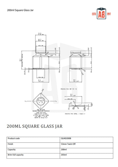 Tarro de cristal cuadrado de 200 ml