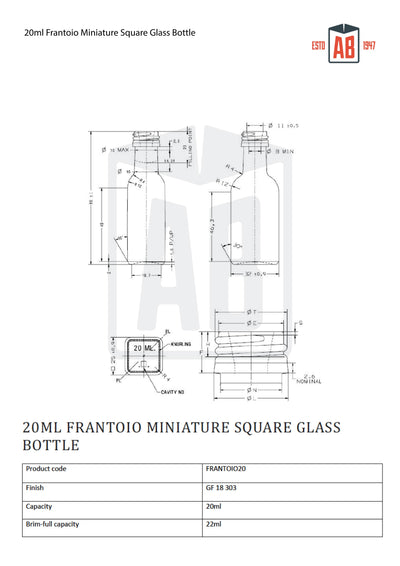 Botella cuadrada en miniatura Frantoio de 20 ml