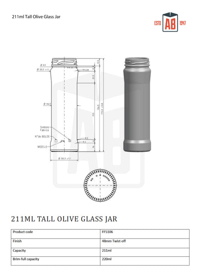Tarro de aceitunas de vidrio alto de 211 ml