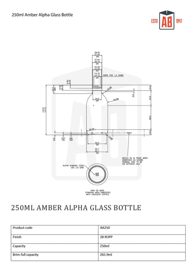 Botella de vidrio Alpha color ámbar de 250 ml