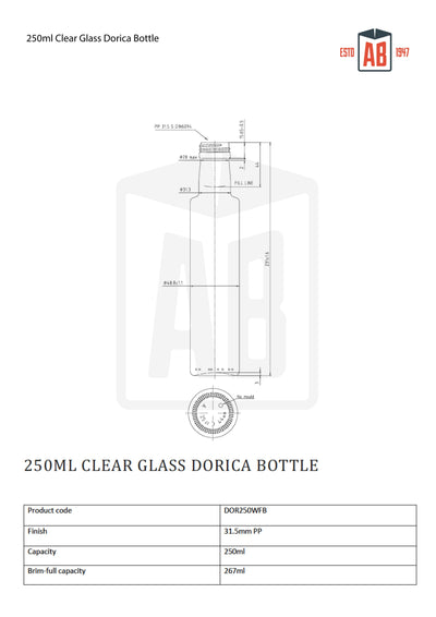 Botella de aceite Dorica de vidrio transparente de 250 ml (cuello de rosca)