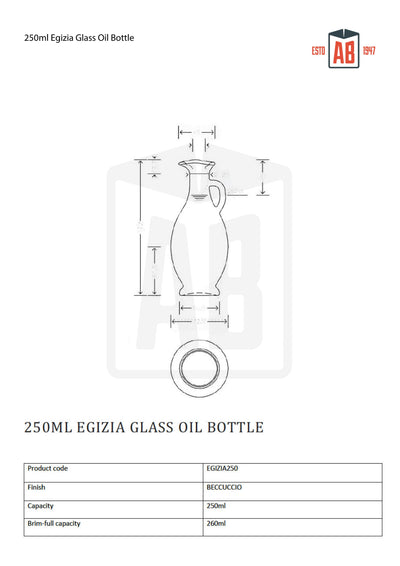 Botella de aceite de vidrio Egizia de 250 ml (apertura con corcho)