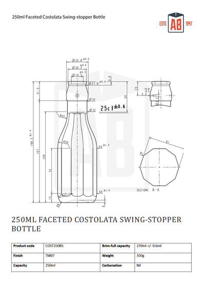 Botella Costolata facetada de 250 ml con tapón basculante