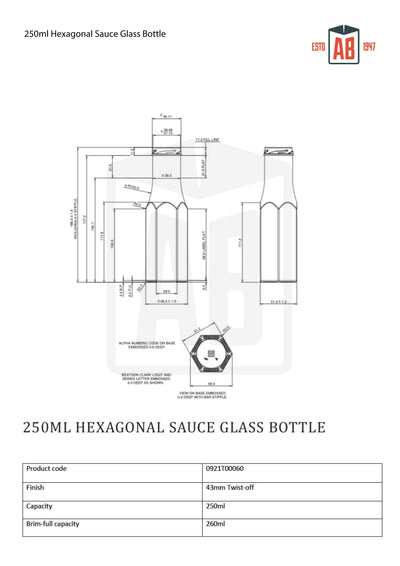 Botella de vidrio para salsa hexagonal de 250 ml