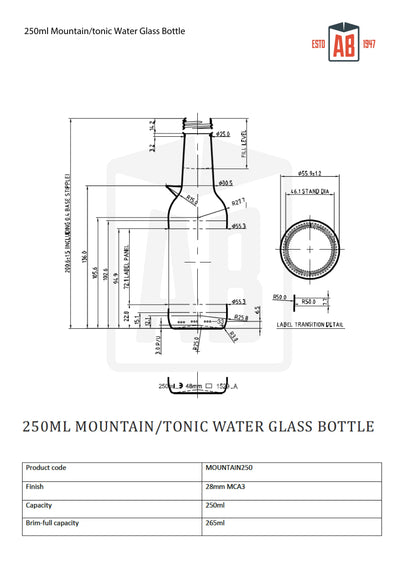 Botella de vidrio de 250 ml de agua tónica o de montaña