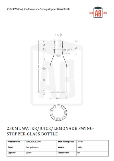 Botella de vidrio con tapón abatible de 250 ml para agua, jugo o limonada