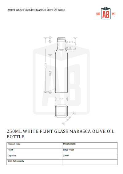 Botella de vidrio blanco Flint de 250 ml para aceite de oliva Marasca (cuello de rosca)