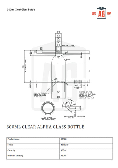 Botella de vidrio transparente Alpha de 300 ml
