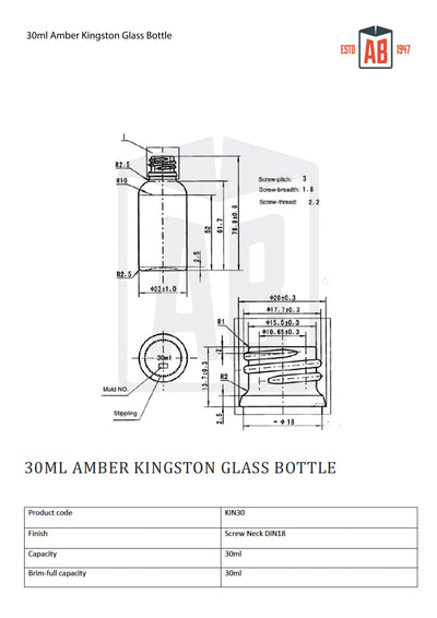 Botella Kingston de vidrio ámbar de 30 ml