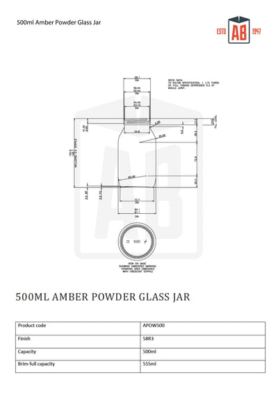 Tarro de vidrio color ámbar para polvos de 500 ml