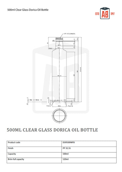 Botella de aceite Dorica de vidrio transparente de 500 ml (cuello de rosca)