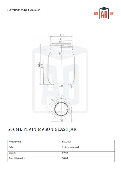 Tarro de cristal Mason liso de 500 ml