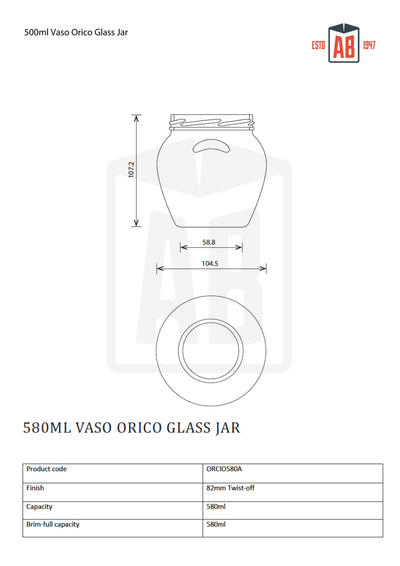 Tarro de cristal Vaso Orcio de 580 ml