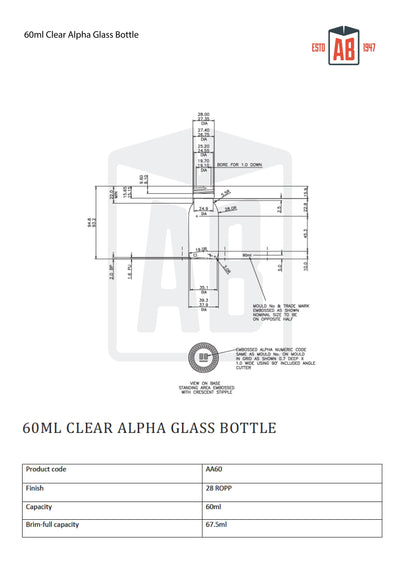 Botella de vidrio transparente Alpha de 60 ml
