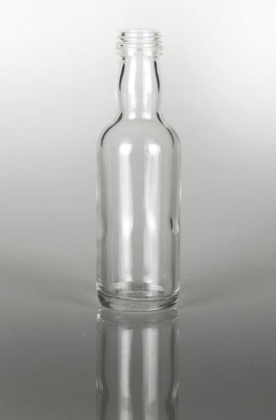 Botella de vidrio redonda en miniatura para licor o esencia de 50 ml