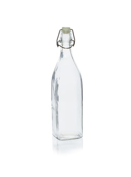 Botella de agua de vidrio cuadrada con tapón oscilante de 1 litro