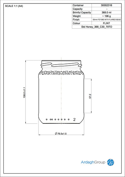 Tarro de vidrio de sílex para miel de 368 ml - Ardagh