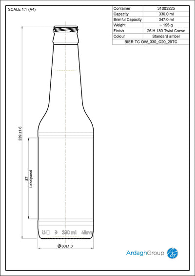 Botella de cerveza Oneway de vidrio ámbar de 330 ml - Ardagh