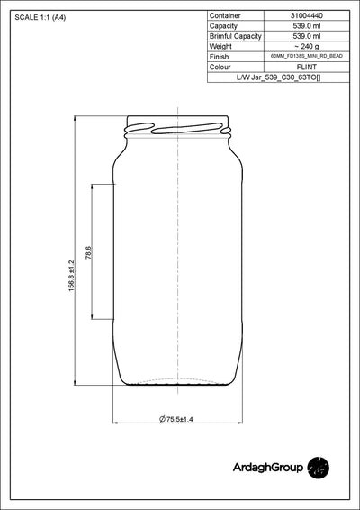 Tarro de vidrio Flint de 539 ml para alimentos - Ardagh