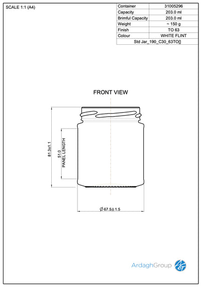 Tarro de vidrio Flint de 203 ml para alimentos - Ardagh