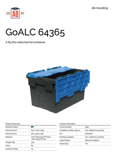 600 x 400 x 365mm Attached Lid Plastic Box (65L) – Heavy Duty PP Storage Container