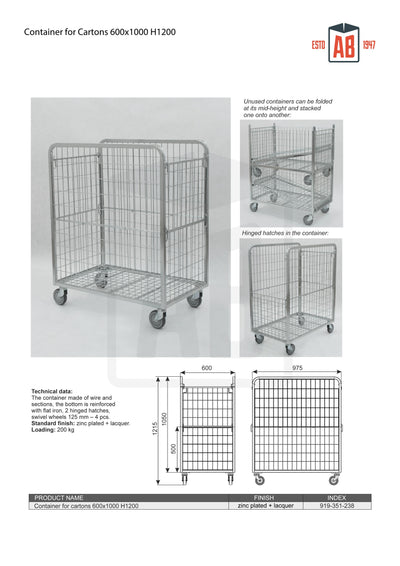 Container for Cartons 600x1000 H1200 – Optimized Roll Cage for Boxed Goods
