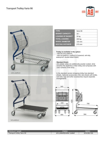 Vario 90 Transport Trolley – Fixed Basket Trolley with Wire Platform