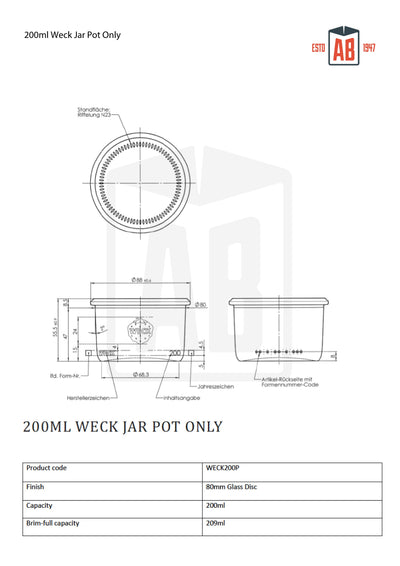 200ml Glass Weck Jar (Pot Only)