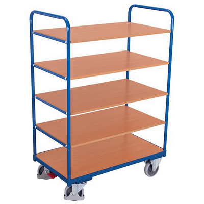 Tall Shelved Trolley – 910x500x1530mm – 5 MDF Shelves with Beech Finish, 250kg Capacity, Blue RAL 5010