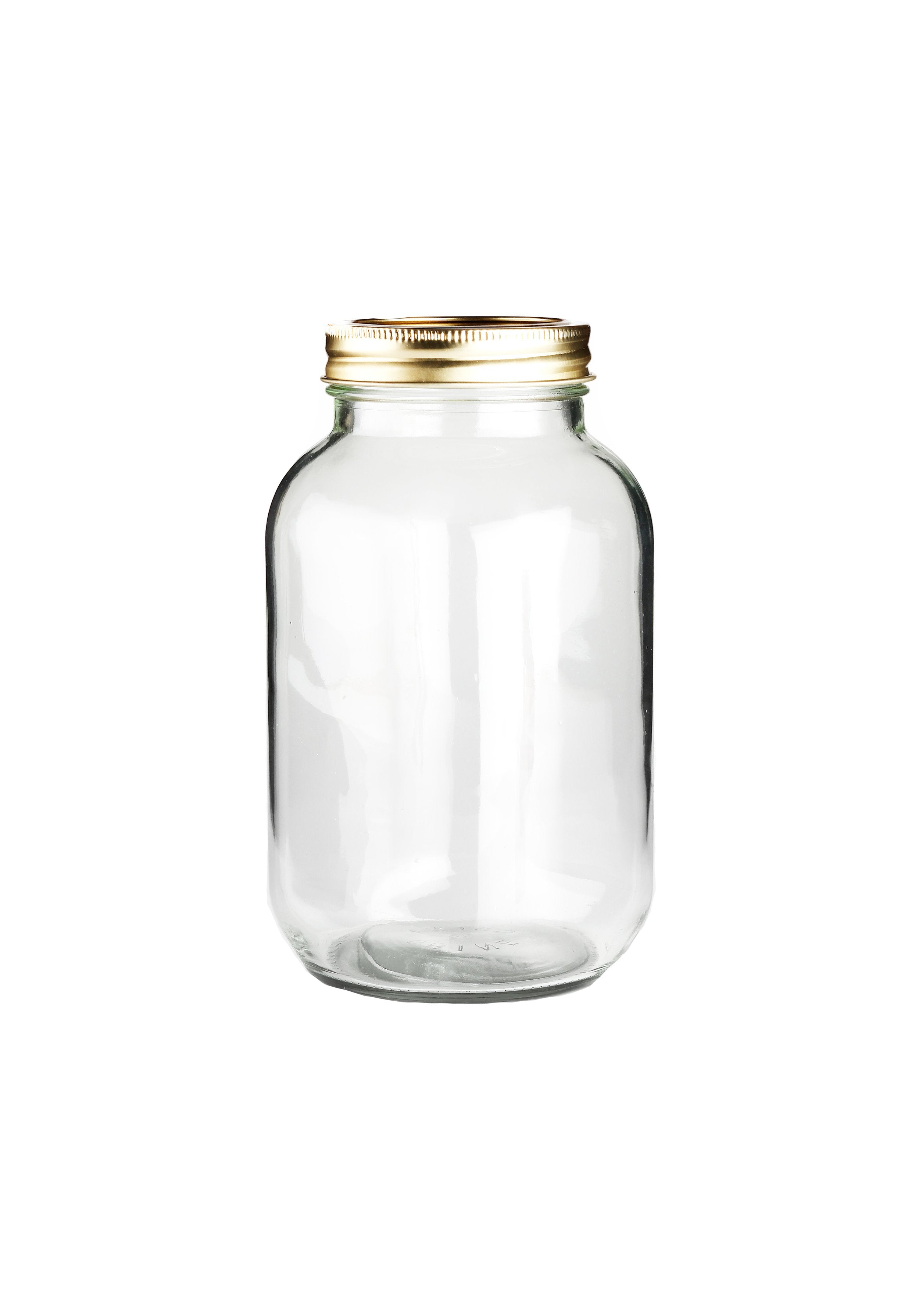 1 Liter Einmachglas aus klarem Glas mit 2-teiligem Golddeckel – AB Handling & Packaging